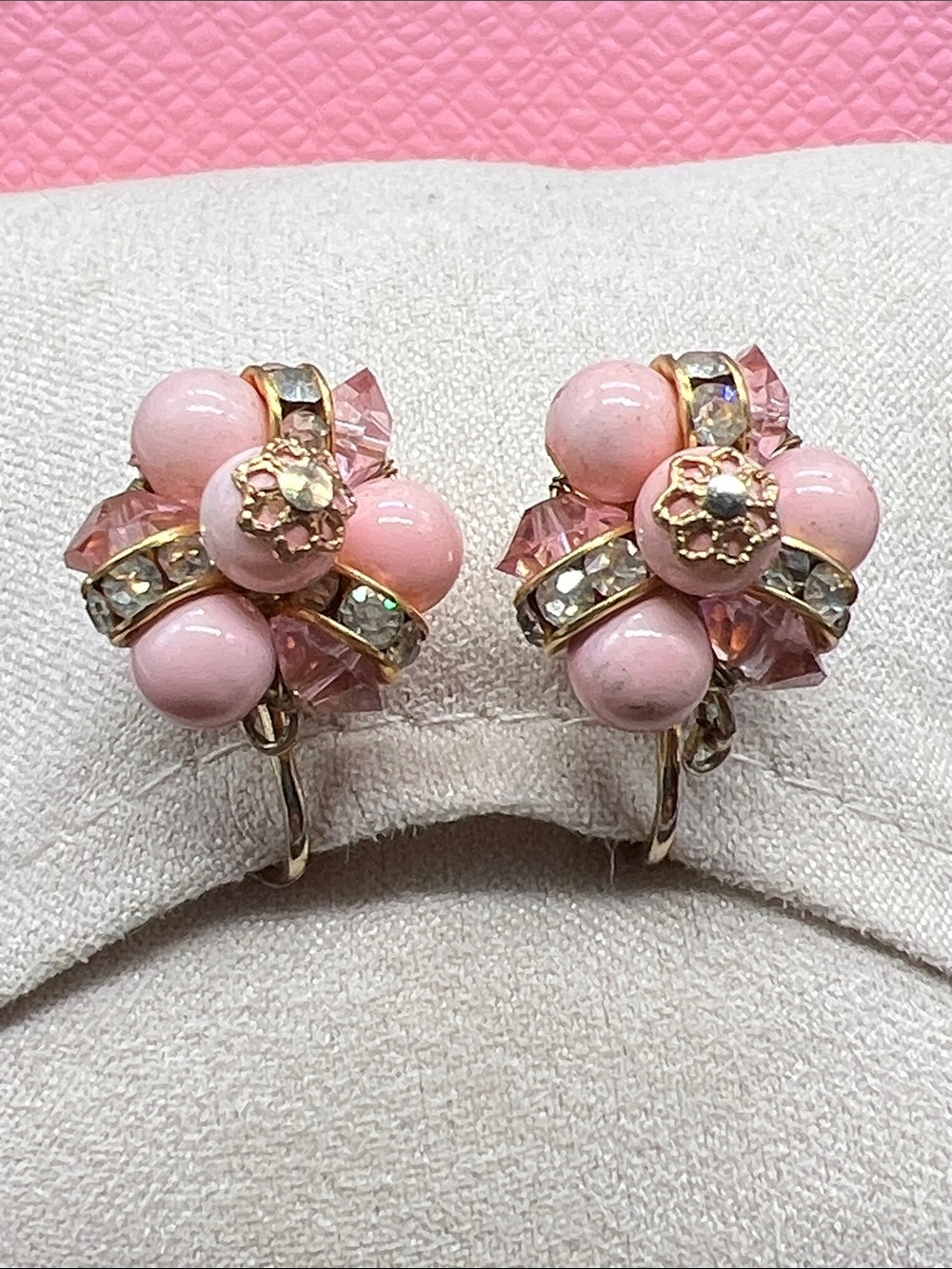Vintage Vendome Pink Bead Cluster Rhinestone Screw Back Earrings
